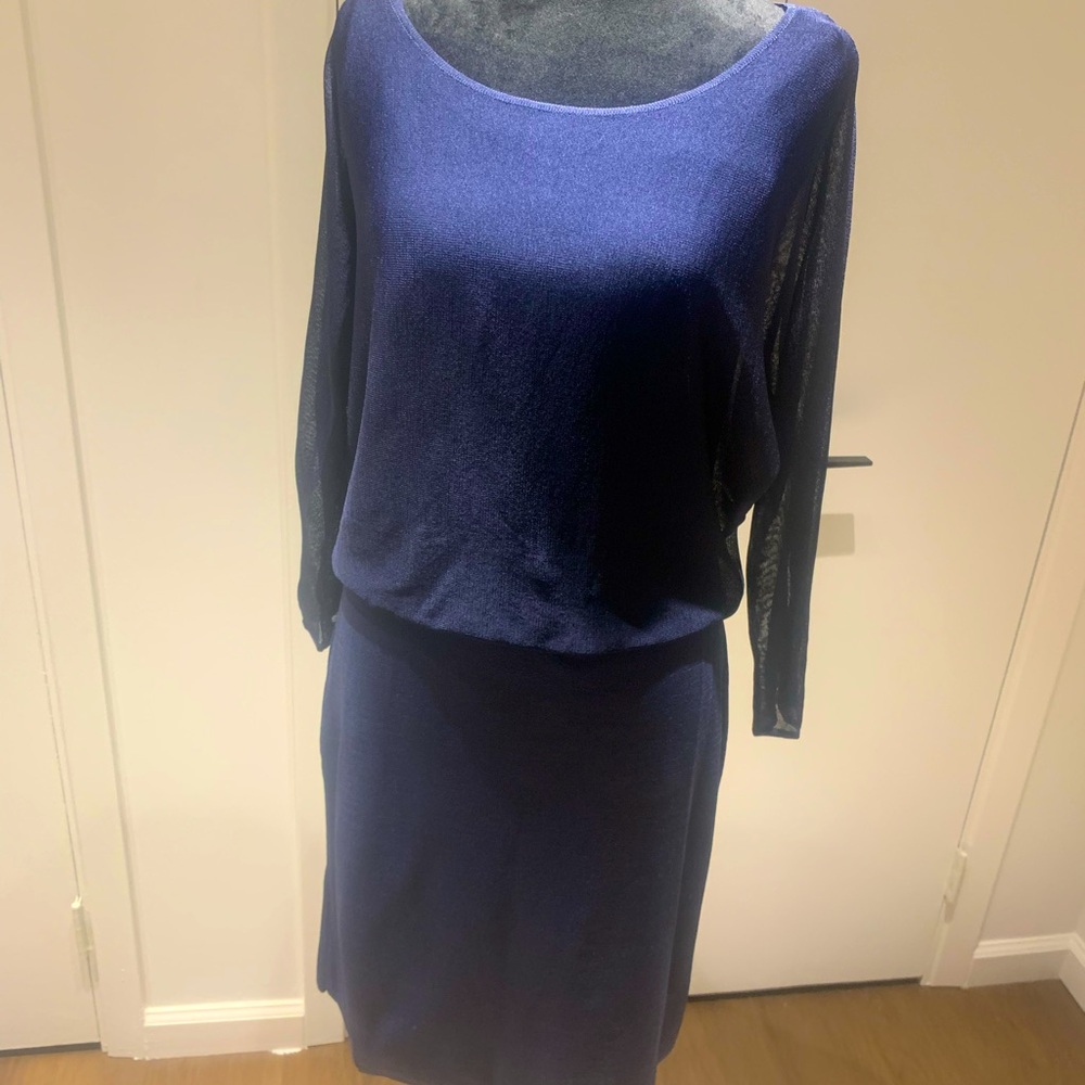 Ralph Lauren stretch navy dress with sheer top and  sleeves. Size M